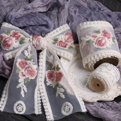 Хорошая цена. Korean version lace embroidery flower woven ribbon DIY bow hair clip material flower gift packaging hollow strap онлайн